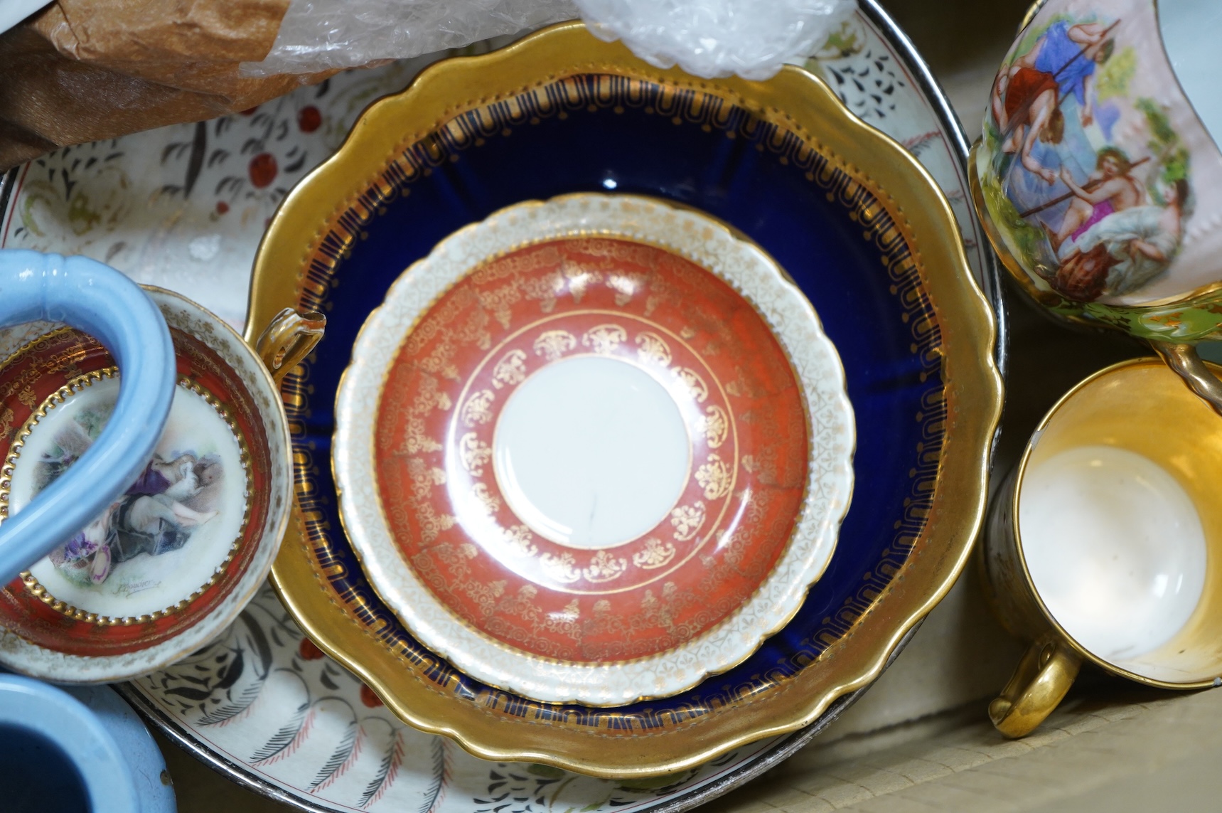 A collection of mixed ceramics including a Dresden figure and cabinet cups and saucers